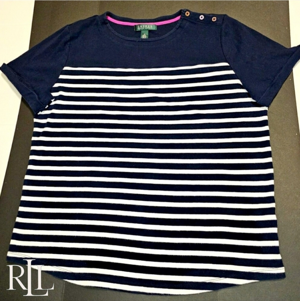 Lauren Ralph Lauren / Navy & White Striped Short Sleeved Shirt - Picture 2 of 9